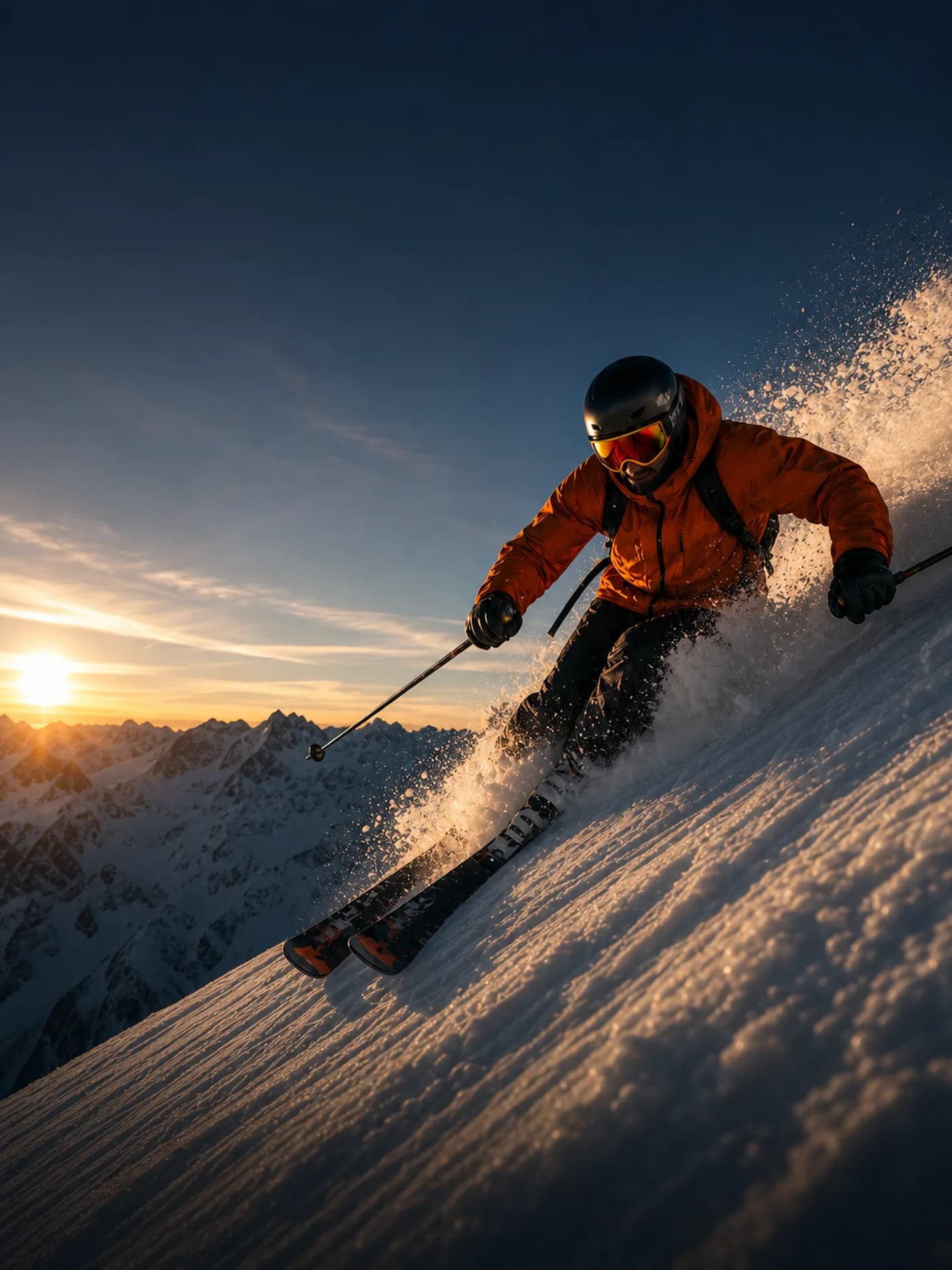 RushCam artwork of a skier carving through fresh snow at sunset